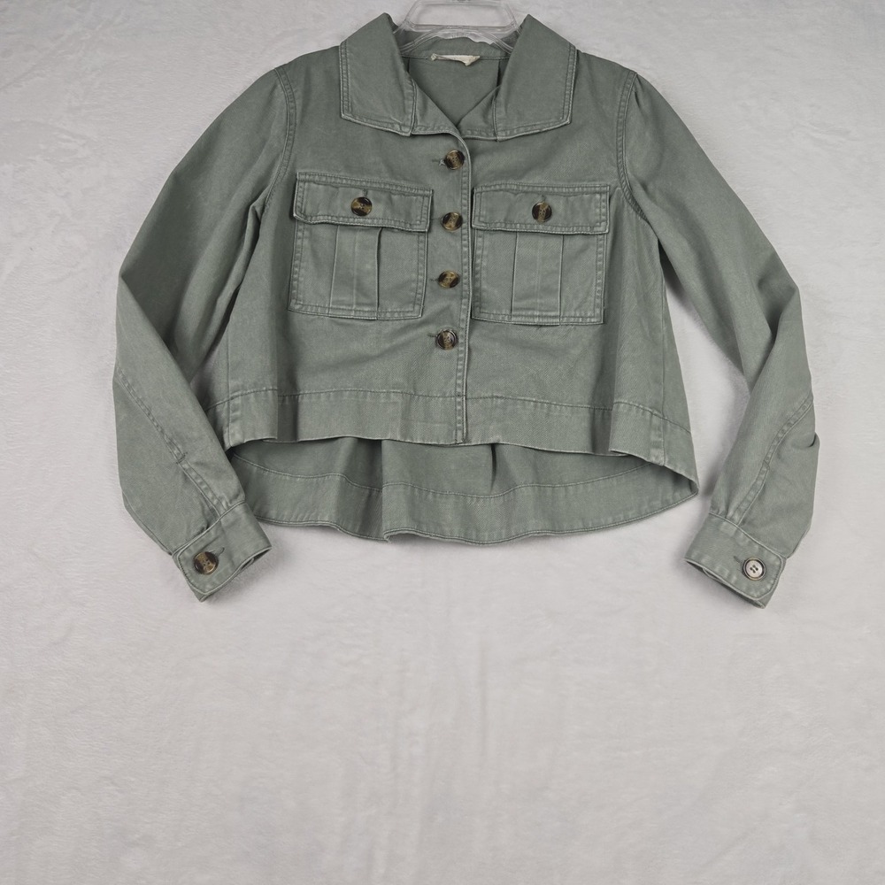 Essue Light‎ Green Cargo Jacket Size Small Cropped Long Sleeve Distressed Flowy